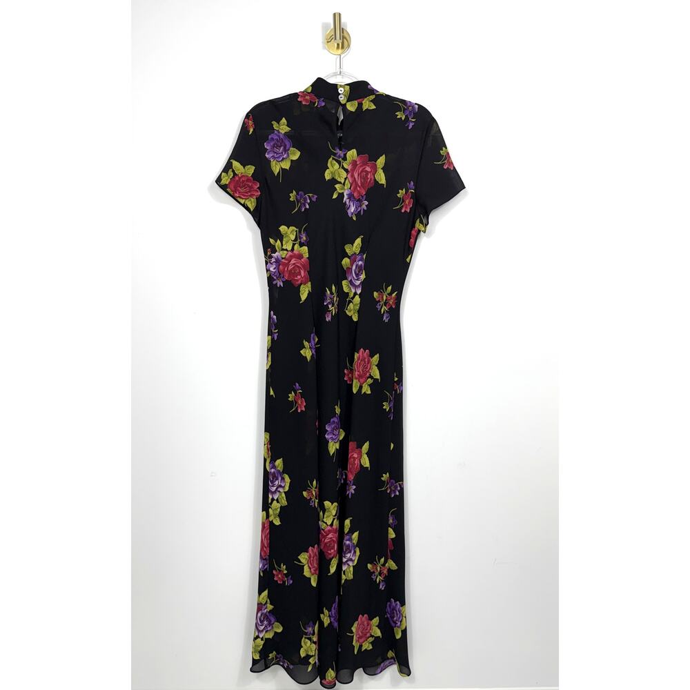 90s vintage Ronni Nicole black floral qipao cheongsam Sz 14 maxi dress - Picture 2 of 15